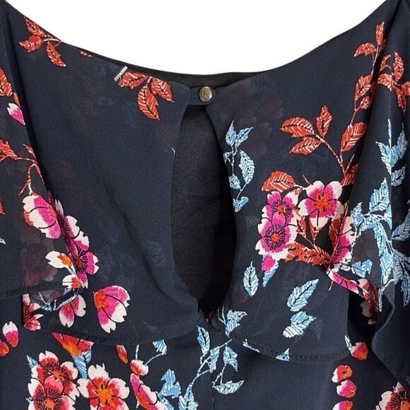 Xhiliration 3X Pink Blue Floral Cold Shoulder Ruffle Adj Strap Midi Dress Summer - Picture 7 of 10